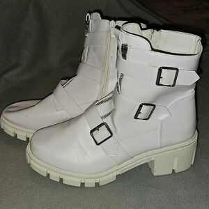 Tinstree white platform combat booties with buckle straps and side zippers. 